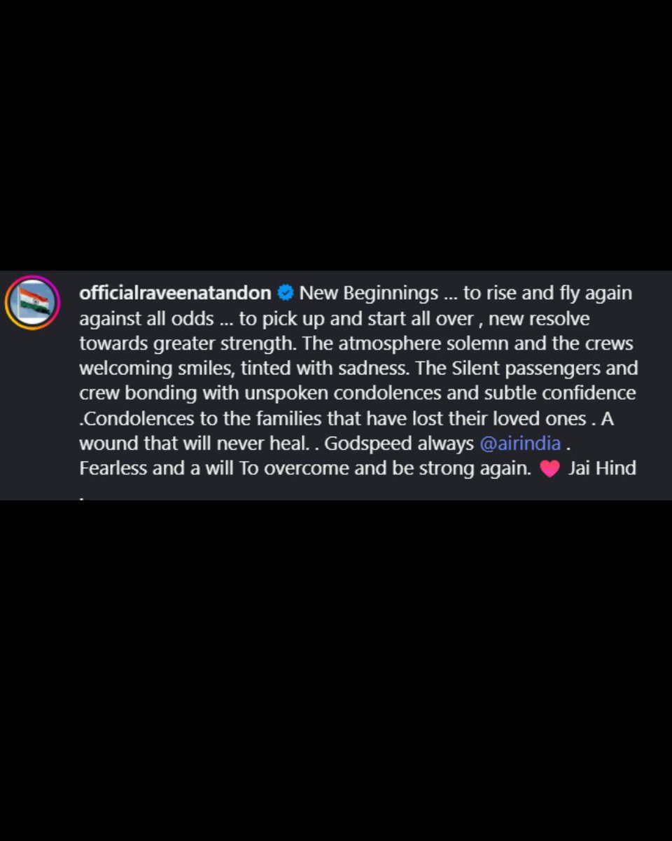 #RaveenaTandon shares a powerful note as she flies with #AirIndia after the tragic Ahmedabad crash: “A wound that will never heal… Godspeed always <a href="/airindia/">Air India</a>. Fearless, with a will to overcome and be strong again.”