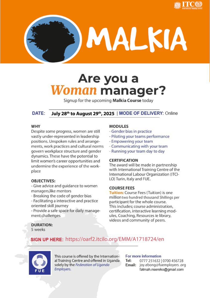 Malkia 2025 Intake!
Applications for the Malkia 2025 Intake are open. This exclusive training is slated for July 28th to August 29th &amp; will be conducted in partnership with the International Training Centre, ILO. Sign up here: oarf2.itcilo.org/EMM/A1718724/en
#TogetherforEmployers