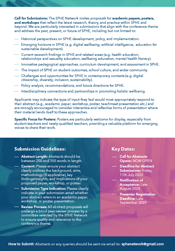 SPHE Network (@sphenetwork) on Twitter photo 🚨Call for abstracts for the 25th anniversary SPHE Network Conference is NOW OPEN! The conference theme is: 'From Strong Foundations to Emerging Horizons: 25 Years of SPHE'. The event takes place at the DCU Institute of Education on 8th November 2025. Please share widely! 🚨Call for abstracts for the 25th anniversary SPHE Network Conference is NOW OPEN! The conference theme is: 'From Strong Foundations to Emerging Horizons: 25 Years of SPHE'. The event takes place at the DCU Institute of Education on 8th November 2025. Please share widely!