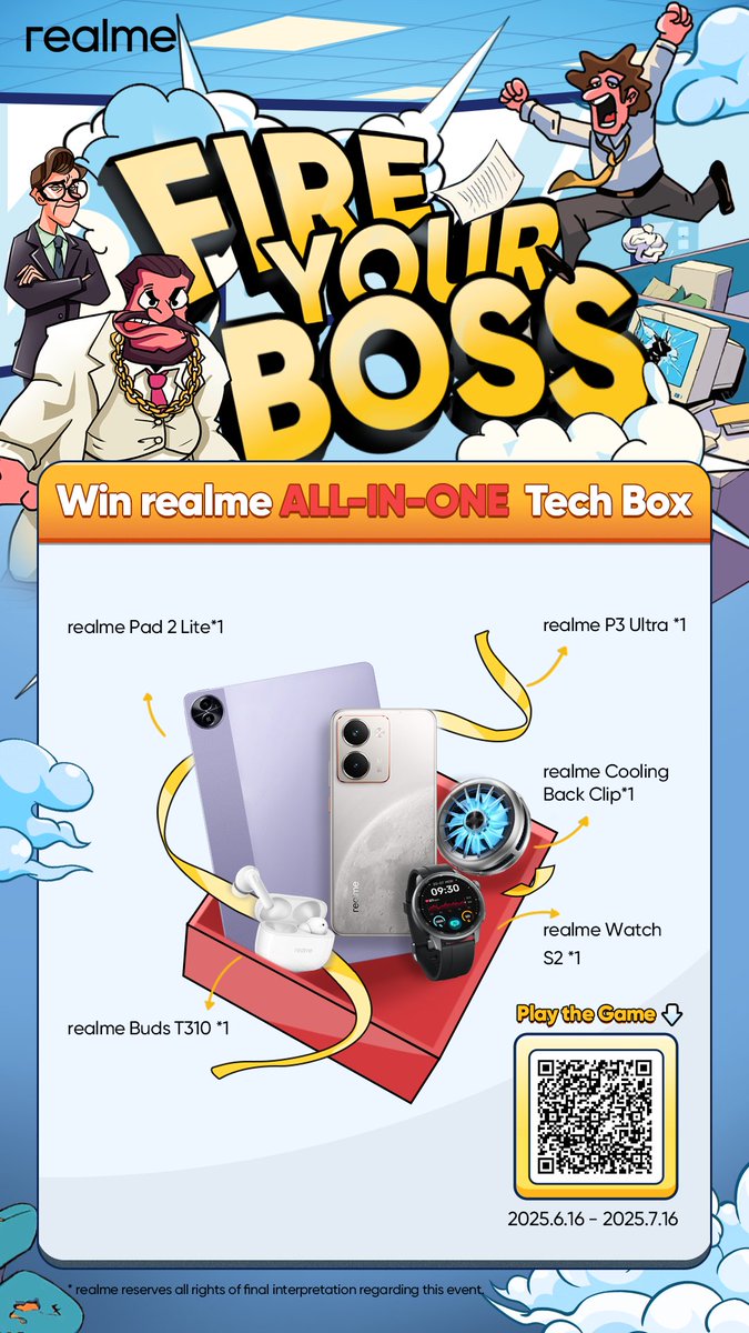 Play FIRE YOUR BOSS, Win the realme ALL-IN-ONE Tech BOX!
💥 Join the realme P3 Series Mini Game and climb the Leaderboard to win big!

🔗 How to Play

Scan the QR code or tap the link to enter the game: event.realme.com/gl/realme-P3Se…

🎁 Prize

Top 10 players on the leaderboard by the