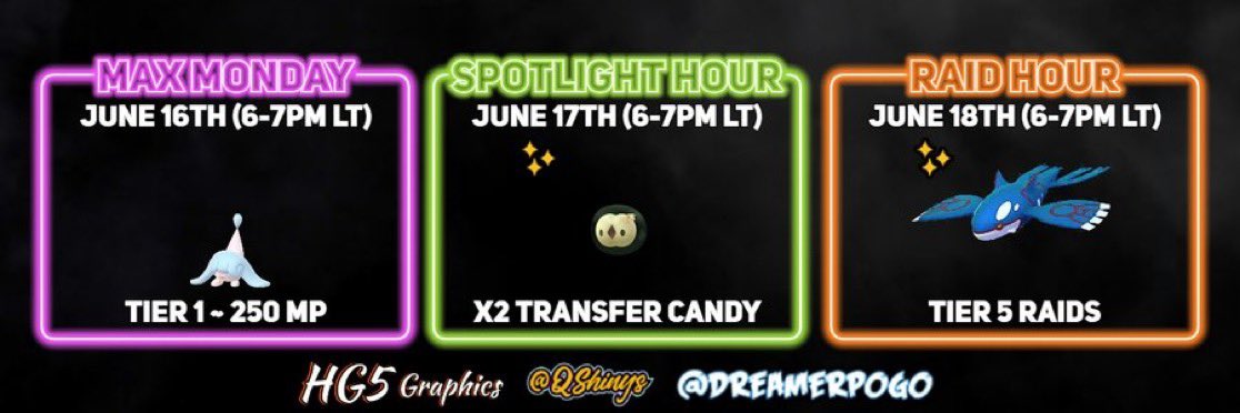 Your Weekly 6-7pm Local Time Events for the Week of June 16th, 2025:

- 💫 {June 16th} Max Monday: Hatenna
- ✨ {June 17th} Spotlight Hour: [✨] Solosis (x2 Transfer Candy)
- 🥊 {June 18th} Raid Hour: [✨] Kyogre

📣 Follow for more #PokemonGO Updates!

#PokemonGO | #HG5Graphics