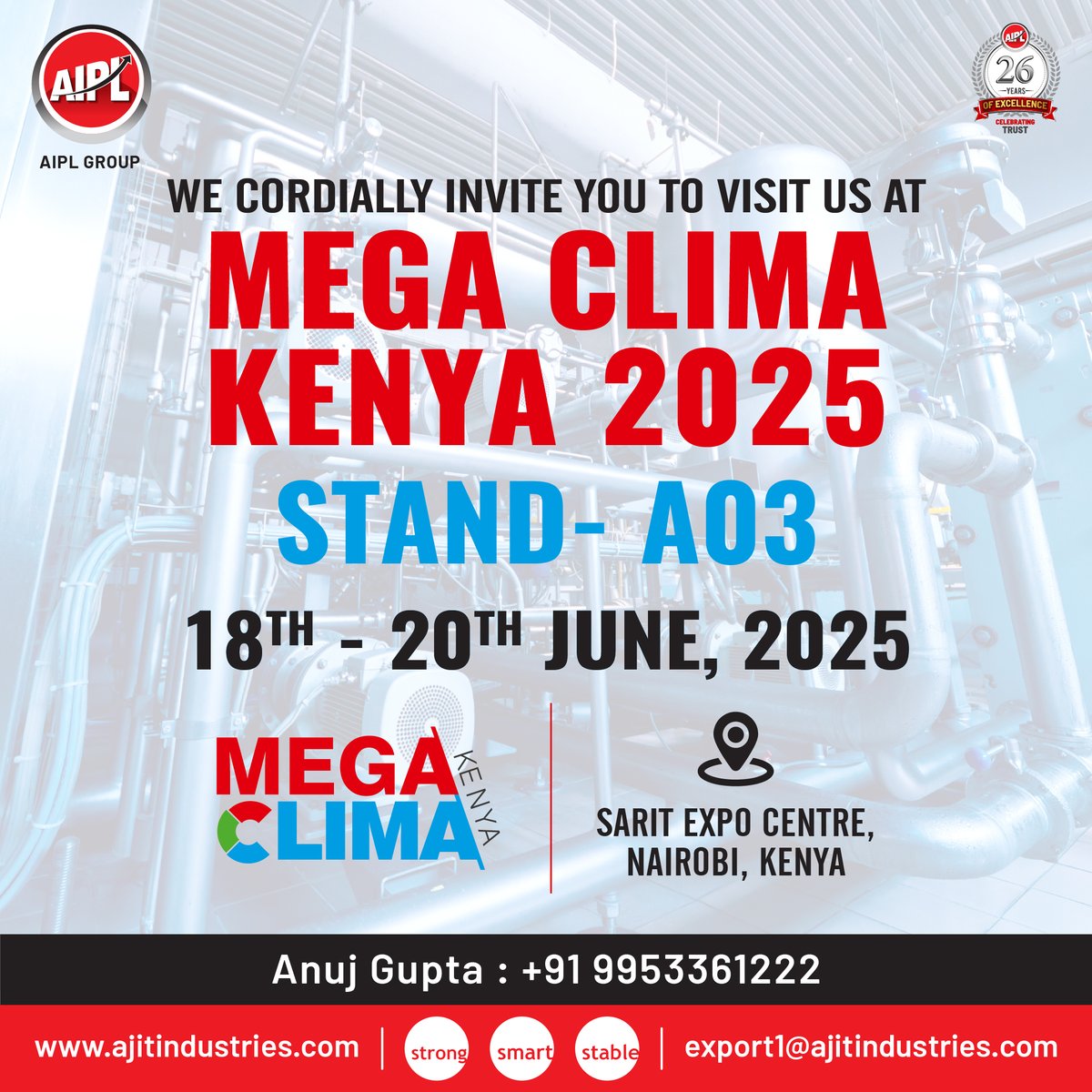 AjitIndustriesO's tweet image. 🌍AIPL at MEGA CLIMA KENYA 2025 – You&apos;re Invited!

We’re thrilled to be part of East Africa’s leading HVAC exhibition!

📞Contact: Anuj Gupta | +91 9953361222

Let’s connect and collaborate in Kenya

#MegaClimaKenya2025 #AjitIndustries #HVACSolutions #SealingSolutions #AIPLGlobal