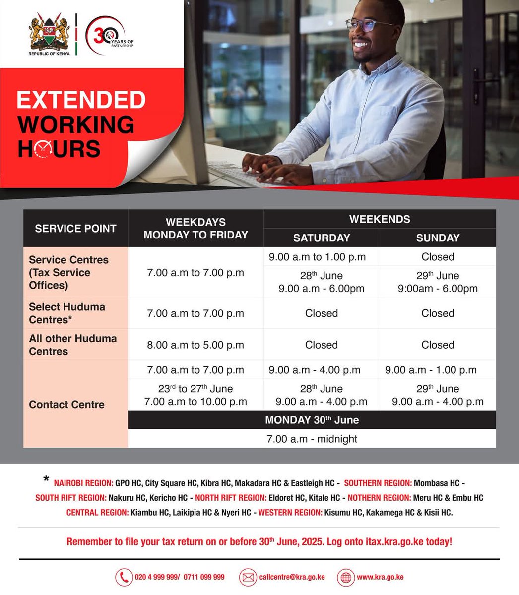 Working late? So are we! We have extended our working hours to accommodate your schedule.

#KRAFilingSeason2025
#KRATaxAmnesty