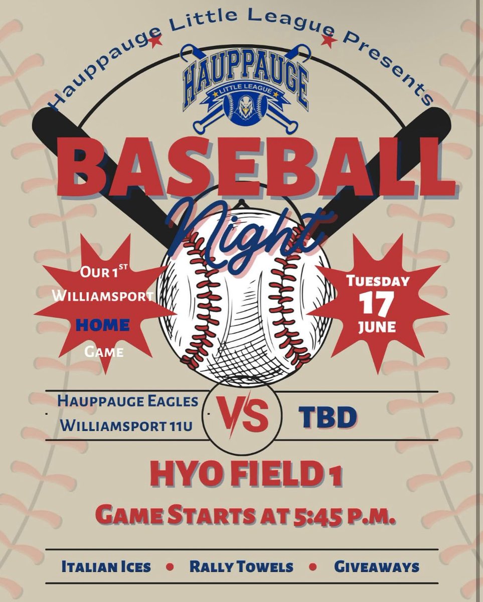 🔥⚾ Hauppauge 11U Eagles kick off their Williamsport District run Tuesday (6/17) at 5:45 PM at HYO Field 1! Let’s pack the bleachers and bring the energy! 💙🦅
Italian ices, rally towels &amp; giveaways—don’t miss it!
#LetsGoEagles #HauppaugePride