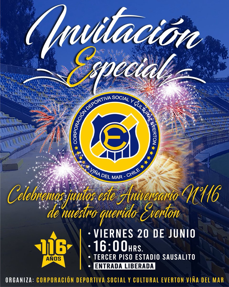 ¡Evertonianos! 💙💛
Este 20 de junio a las 16:00 hrs, celebremos juntos los 116 años de nuestro querido Everton de Viña del Mar 🏟️
📍 Tercer piso del Estadio Sausalito

116 años de historia, pasión y orgullo.
¡No faltes, tú eres parte de esta familia!

#Everton116Años #OroYCielo