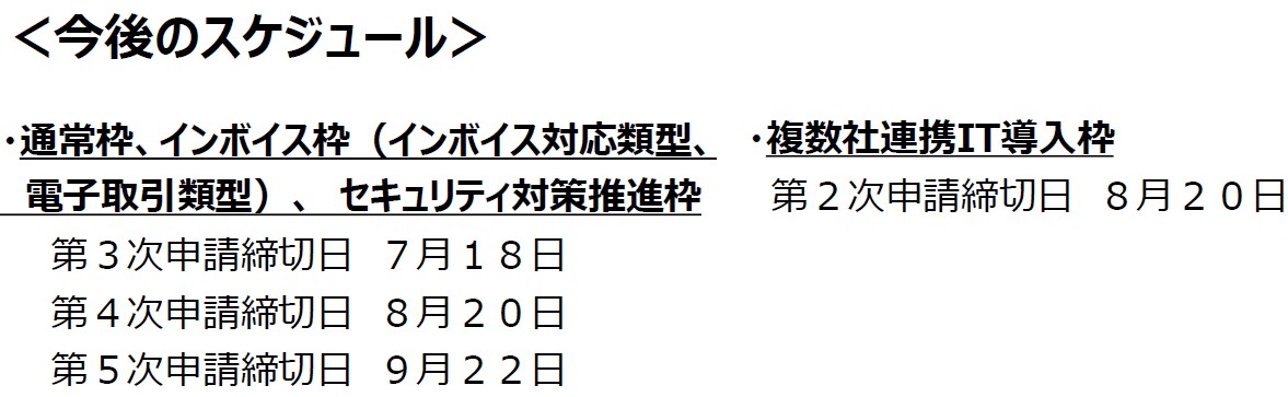🗓️IT導入補助金の８月以降の申請〆切日を追加しました

チラシはこちら👇
chusho.meti.go.jp/koukai/yosan/r…

補助金の詳細・申請はこちら（事務局HP）👇
it-shien.smrj.go.jp