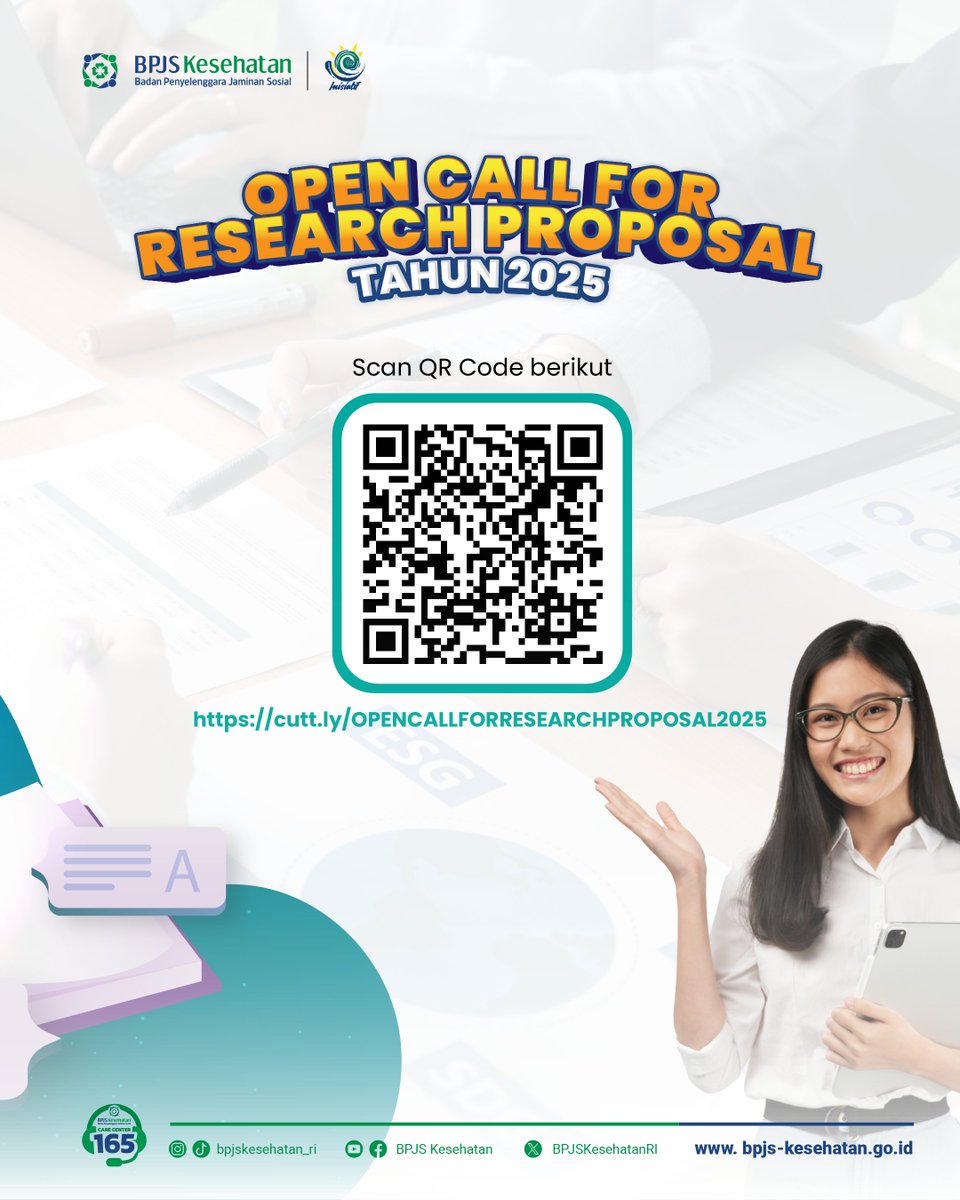 BPJS Kesehatan menyelenggarakan Open Call for Research Proposal Tahun 2025

Dapatkan informasi lengkap dan tata cara pendaftaran dengan klik link dibawah ini: 

cutt.ly/OPENCALLFORRES…

atau scan barcode di atas

Jangan lewatkan kesempatan ini ya sahabat semua!