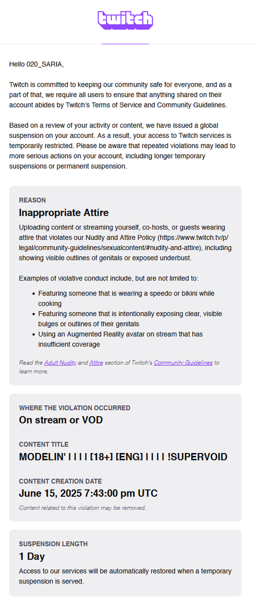 I have extensively worked to keep my models completely clear from any over the top sexuality.

Ironically, according to TWITCH'S OWN RULES, had the character in question been naked, it would have been entirely compliant with your rules. (the character in question does not have