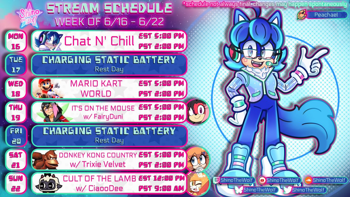 ShinoTheWolf's tweet photo. ✨STREAM SCHEDULE✨
💫 Exciting week of streams as well as special collabs! Including It's On The Mouse w/ @DuniStreamer, DK Country w/ @trixyvelvet & Cult of the Lamb w/ @CiaooDee!
🎨: @peachyseraphim
#ShinoVTLive #VTuber #SonicOC #SonicOCVTuber #SEGA #SonicTheHedgehog #NintendoSwitch2 #Nintendo