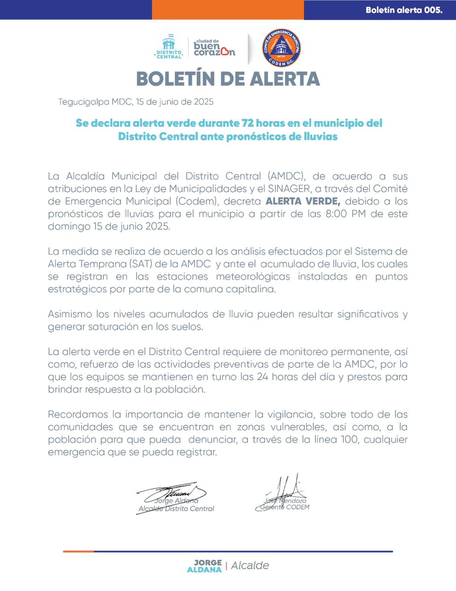 ATENCIÓN | AMDC declara alerta verde durante 72 horas en el municipio del
Distrito Central ante pronósticos de lluvias a partir de las 8:00 PM de este domingo 15 de junio 2025.

Visite radioamerica.hn 
#AméricaNoticias #Honduras
