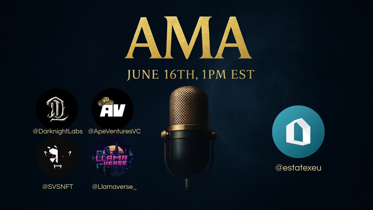 Llamaverse (@llamaverse_) on Twitter photo Happy to announce we will be co-hosting an AMA with <a href="/DarknightLabs/">Darknight Labs ⬛️</a>, <a href="/ApeVenturesVC/">Ape Ventures</a> and <a href="/SVSNFT/">Sneaky Vampire Syndicate</a> at <a href="/estatexeu/">EstateX</a> for their upcoming launch.
Stay tunned and make sure you dont miss this one fam ! Happy to announce we will be co-hosting an AMA with <a href="/DarknightLabs/">Darknight Labs ⬛️</a>, <a href="/ApeVenturesVC/">Ape Ventures</a> and <a href="/SVSNFT/">Sneaky Vampire Syndicate</a> at <a href="/estatexeu/">EstateX</a> for their upcoming launch.
Stay tunned and make sure you dont miss this one fam !