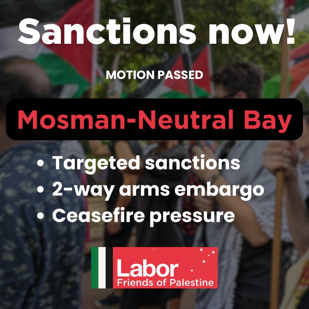 Israel has killed at least 274 &amp; wounded more than 2,000 starving people around food distribution points in Gaza. <a href="/AustralianLabor/">Australian Labor</a> members in Mosman-Neutral Bay call on the Aust govt to impose extensive sanctions &amp; arms embargo to protect Palestinians &amp; hold Israel accountable❗