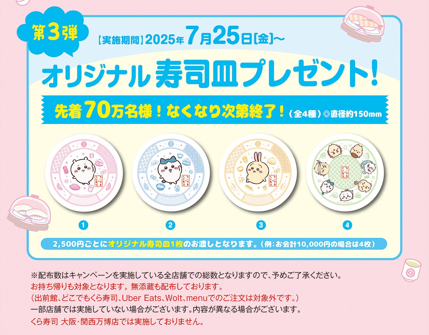 ちいかわ くら寿司 すし皿2枚&フィギュア2個、缶バッジ付き6