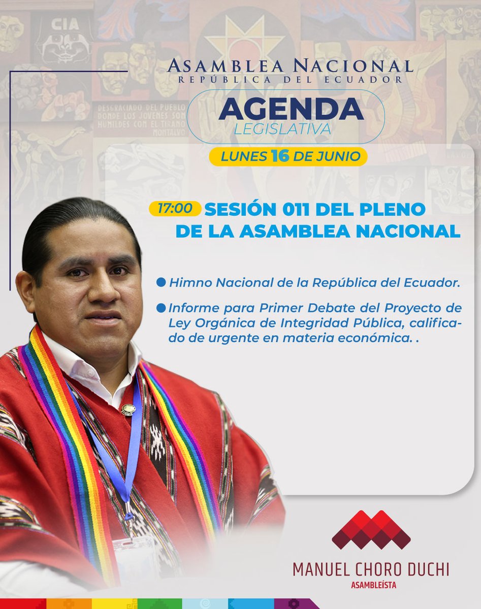 Compartimos la agenda legislativa prevista para el día de mañana.
El Primer Debate del Proyecto de Ley Orgánica de Integridad Pública, declarado urgente en materia económica📷📷.
#ManuelChoroDuchiAsambleísta
#AsambleaNacional
#Pachakutik
#Cañar