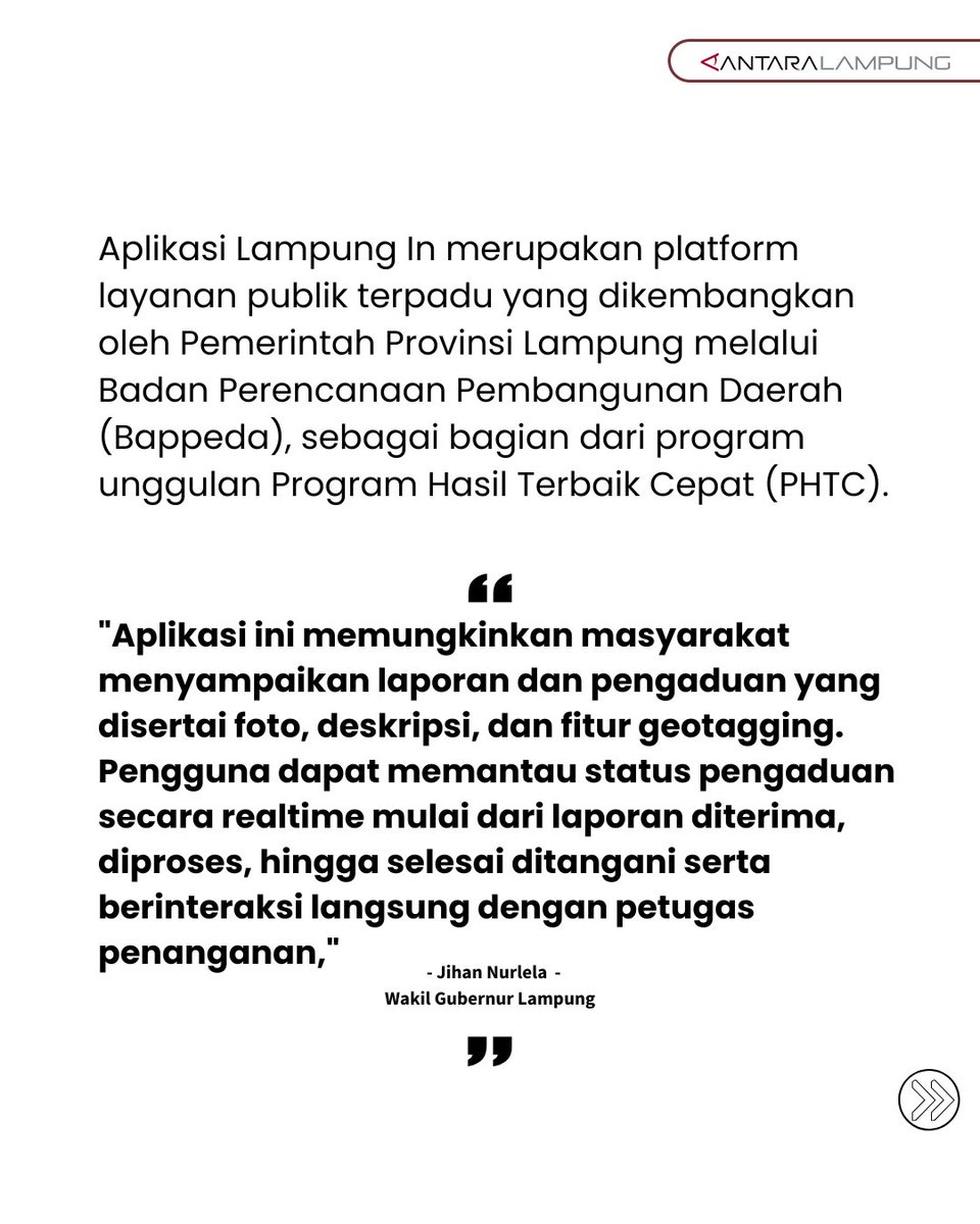 Wakil Gubernur (Wagub) Lampung Jihan Nurlela mengatakan kehadiran  aplikasi Lampung In dapat menjadi bentuk transformasi digital layanan  publik di Provinsi Lampung.
#lampungin #aplikasi #layananpublik #bappeda #pengaduanmasyarakat #wakilgubernurlampung #jihannurlela