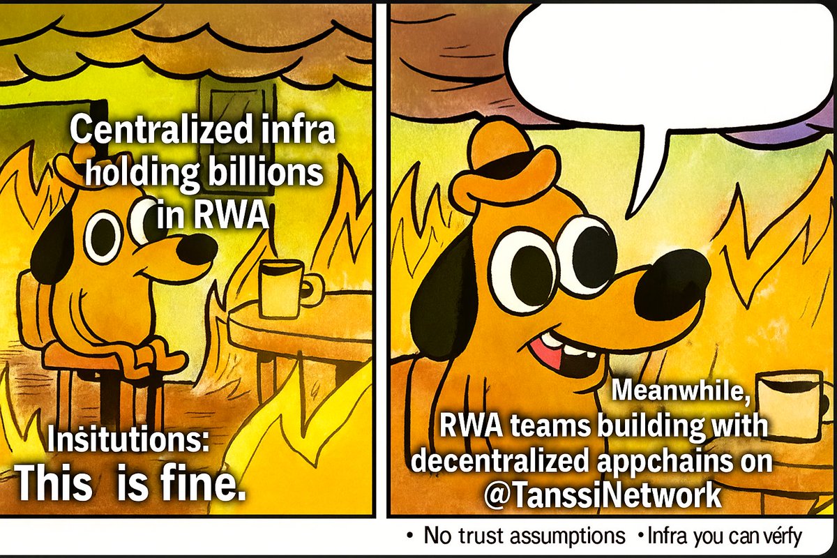 AkhiAklima1's tweet image. 🔥 Institutions: “Let’s put billions in tokenized assets on centralized infra. Should be fine.”
🐶 This is fine.
💡 Meanwhile, RWA teams are choosing decentralized appchains on @TanssiNetwork
→ No trust assumptions
→ Infra you can verify
→ Built to scale

#Tanssi #ModularInfra