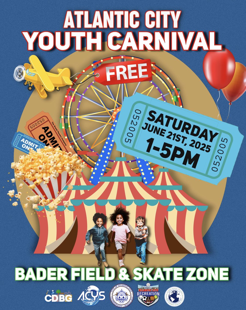 The first-ever Atlantic City YOUTH CARNIVAL 🎪 on THIS SATURDAY June 21st from 1-5PM at Bader Field and Skate Zone!

-Attractions &amp; Rides 🎠🎟️
-Games 👾🎯
-Performances 👯‍♀️🎶
-Ice Skating ⛸️
-Food 🍕🌭🍭🍿
-And More all FOR FREE!
