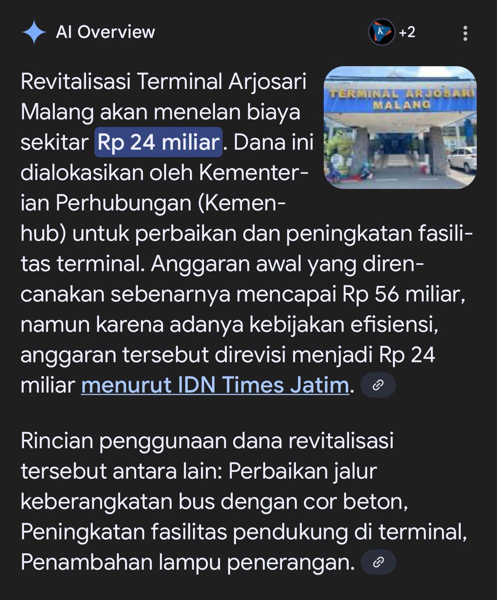 Revitalisasi Terminal Arjosari Malang habiskan Rp24 M, tapi sopir bus tetap lebih doyan ngetem di luar terminal, bikin macet dan semrawut. Bangunannya megah, otoritasnya ada, tapi kalah wibawa. Terminal rasa pajangan.
<a href="/cityguide911fm/">City Guide 911 FM</a> <a href="/yusufgunawan/">Yusuf Gunawan</a> <a href="/Malangraya_info/">Malang Raya Info</a> <a href="/MalangTerkini_/">Malang Terkini</a>