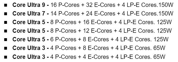 New Intel Desktop CPUs coming..🧐🧐🧐
150W for Core Ultra 9/7. Core Ultra 5 125W.