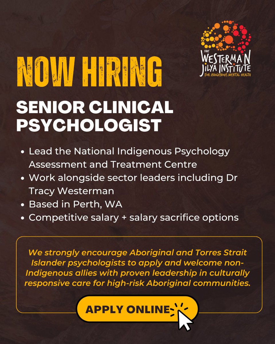 jilyainstitute's tweet image. NOW HIRING: Senior Clinical Psychologist to lead the development + setup of Jilya's National Indigenous Psychology Treatment Centre.
💛 Indigenous applicants encouraged
🖤 Allies with experience in culturally safe care welcome
Apply now: seek.com.au/job/84936603