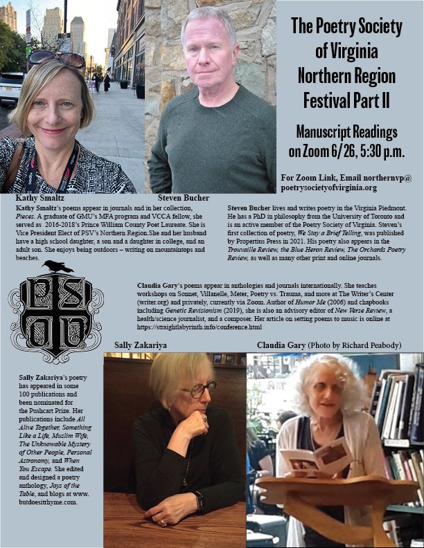 On Thursday, June 26, at 5:30pm I’ll be taking part in an online PSV manuscript reading along with Kathy Smaltz, Steven Bucher, and Sally Zakariya. Email for the Zoom link (see below).