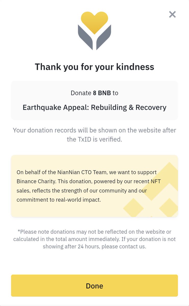 NianNian Academy ๐ถ๏ธ๐ (@nianacademy) on Twitter photo Mission accomplished.
Our first ever community campaign has been successfully completed.
All proceeds from the sale of 100 NFTs โ totaling 8 BNB โ have been transferred to Binance Charity, in support of the Earthquake Rebuilding & Recovery Appeal. <a href="/BinanceBCF/">Binance Charity</a>
This is more Mission accomplished.
Our first ever community campaign has been successfully completed.
All proceeds from the sale of 100 NFTs โ totaling 8 BNB โ have been transferred to Binance Charity, in support of the Earthquake Rebuilding & Recovery Appeal. <a href="/BinanceBCF/">Binance Charity</a>
This is more