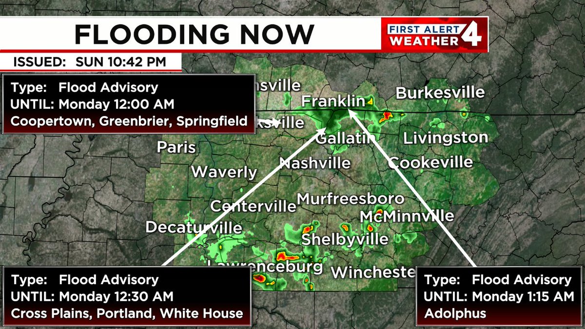 FLOODING IS OCCURRING.  Turn around, don't drown!  In the event of rising water, seek higher ground immediately.  Tune to WSMV4 for the latest on this dangerous situation. #FirstAlert