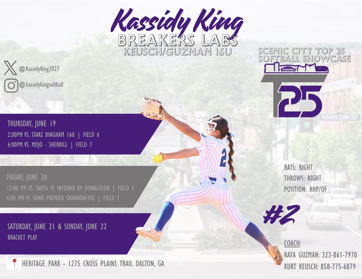 Heading to Dalton, Georgia for the Scenic City Top 25 Showcase. Super excited to go out and compete with my girls!🔥💙Here’s our schedule: <a href="/BreakersKeusch/">Breakers Labs - Keusch/Guzman 16u</a> <a href="/ExtraInningSB/">EXTRA INNING SOFTBALL</a> <a href="/NCSA_Softball/">NCSA Softball</a> <a href="/LineDsoftball/">Line Drive Media</a> <a href="/los_stuff/">Carlos Arias</a> <a href="/IHartFastpitch/">I❤️Fastpitch</a>
