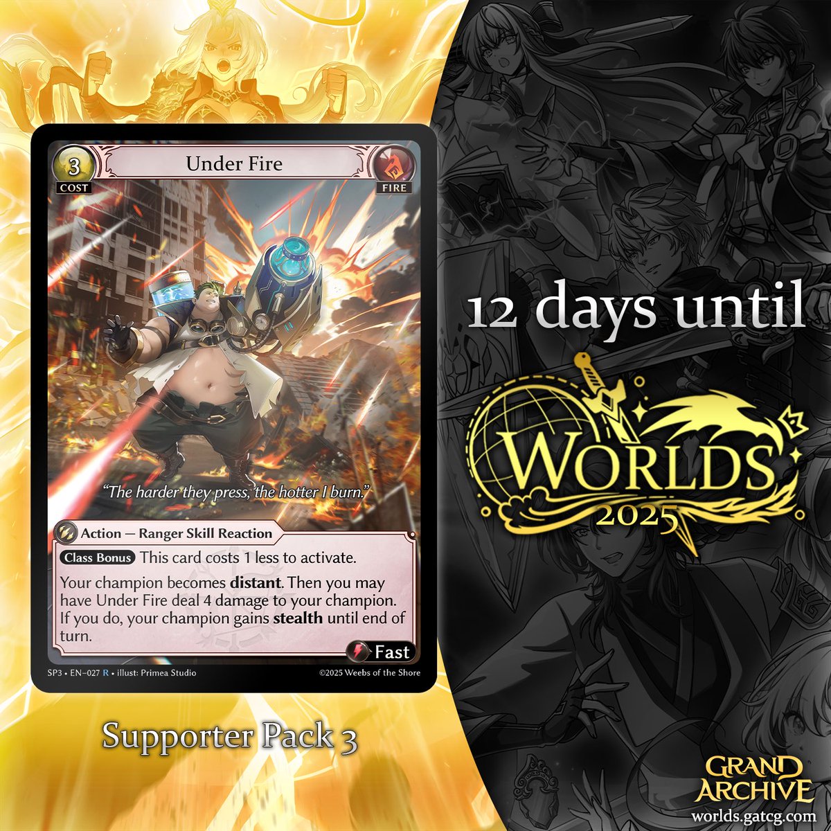 With the World Championships quickly approaching, here’s your first look at Under Fire from Supporter Pack 3, making its debut at Worlds 2025! ☄️

Worlds 2025 Information: worlds.gatcg.com

Introducing Supporter Pack 3: gatcg.com/article/introd…