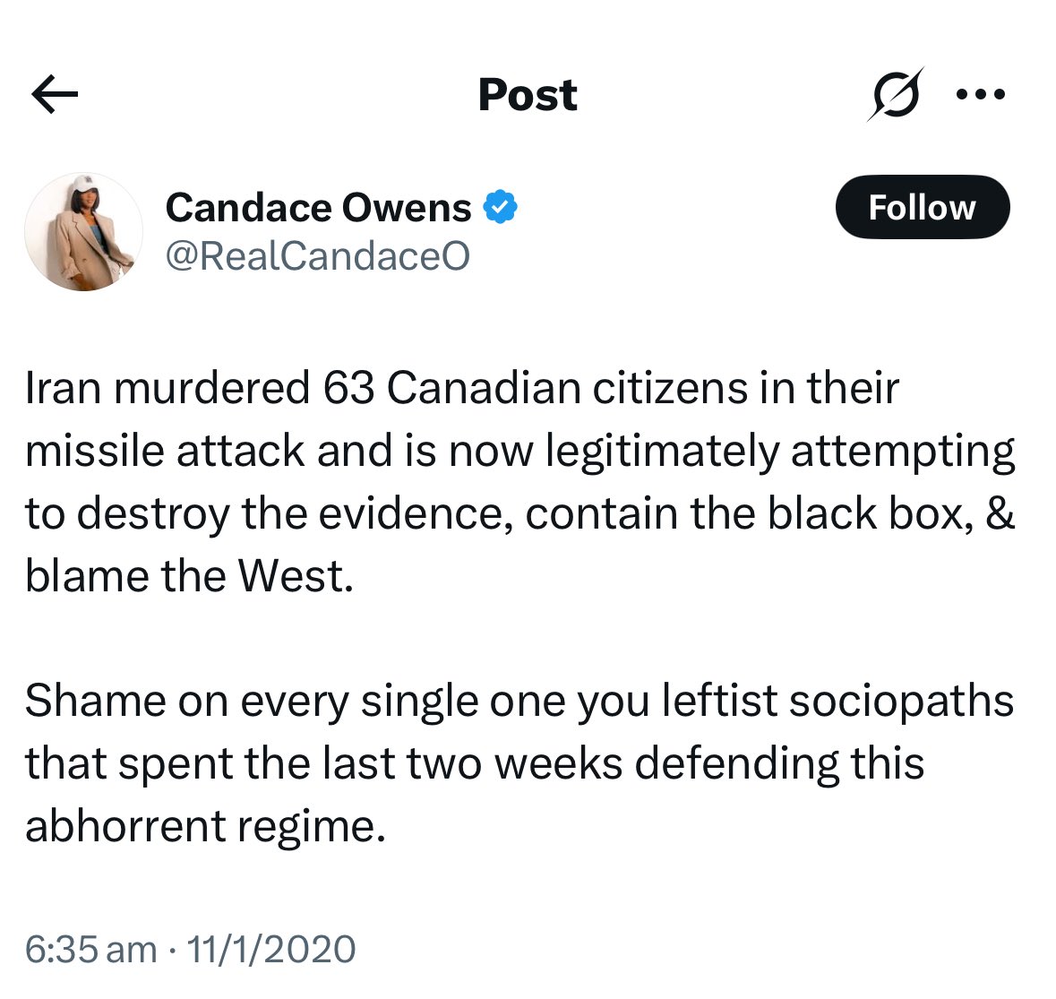 I agree with Candace Owens.

Shame on every single one you leftist sociopaths…defending this abhorrent regime.
