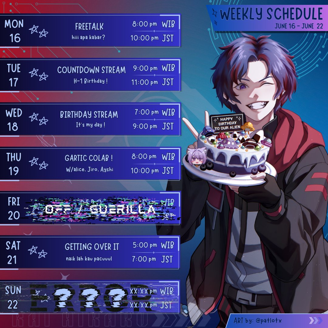 kaihikaruvt's tweet photo. Setelah sekian lama akhirnya berjadwal ya gusyyyy~~
Schedule June 16 - June 22
-Hastag-
General #KaiHikaru
Live #kaiON
Art #hikART
Meme #Hiksrot #HikaHAHA
Clip #KaiLIPS https://t.co/10iLLwMFH0