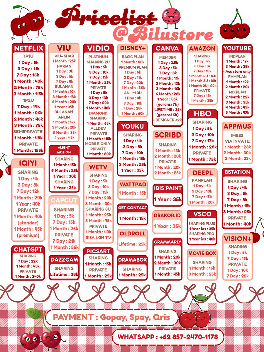 ducpes's tweet image. WTS WTB JUAL APP PREMIUM MURAH FASTRESP BERGARANSI TRUSTED SEMWA DURASI!!

☎️ :: bit.ly/DiaryBilula
📋 :: bit.ly/TestiApprem

NETFLIX DISNEY VIU WETV HBO IQIYI PICSART BSTATION PRIME VIDIO YOUKU VSCO YOUTUBE CAPCUT  CANVA CHAT GPT DRAMABOX
#zonauang