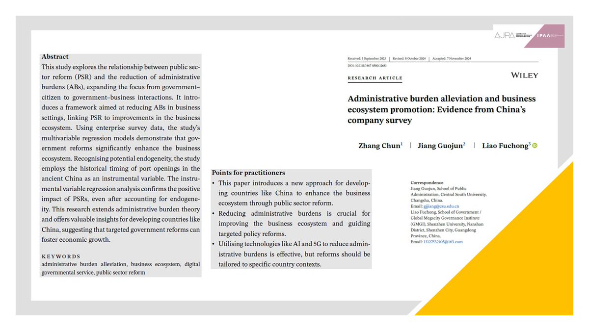 AusJPA's tweet image. ♨️ Early View📩
Does addressing #AdministrativeBurden (AB) cultivate a conducive business ecosystem❓
Zhang Chun & colleagues leverage empirical firm-level data in 🇨🇳 & find a positive effect of reforms addressing AB on the business ecosystem 👇
doi.org/10.1111/1467-8…