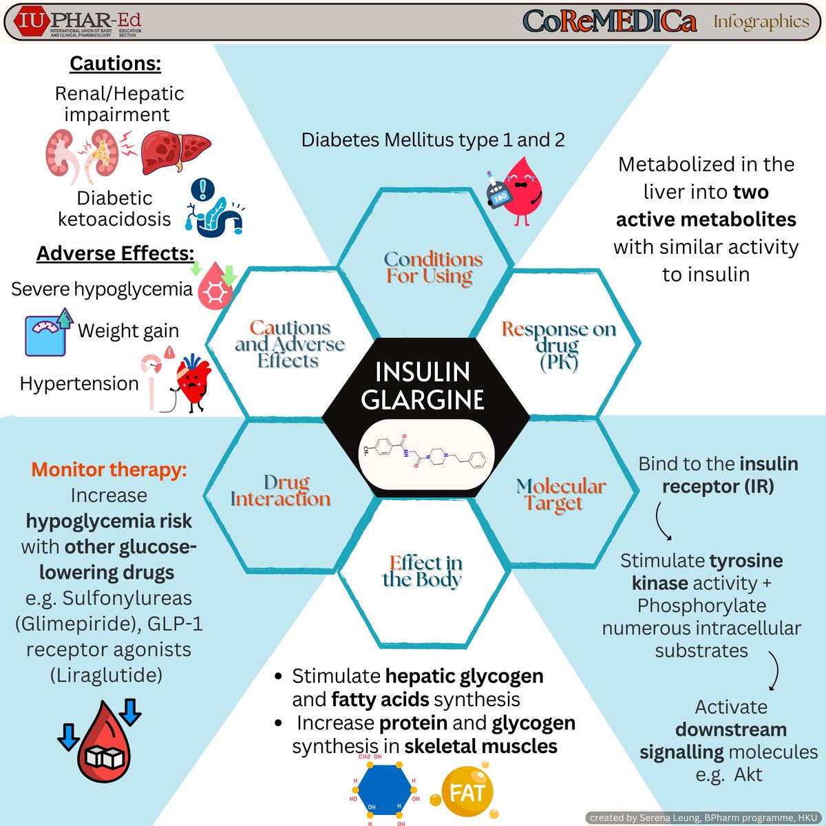 IUPHAR_Ed's tweet image. Insulin glargine is the drug featured in today&apos;s CoReMEDICa infographic (creator: Serena Leung, supervisor: Willmann Liang, @HkuPharm).

If you wish to share your own pharmacology teaching and learning materials, please do let us know here or via email (willmann@hku.hk).