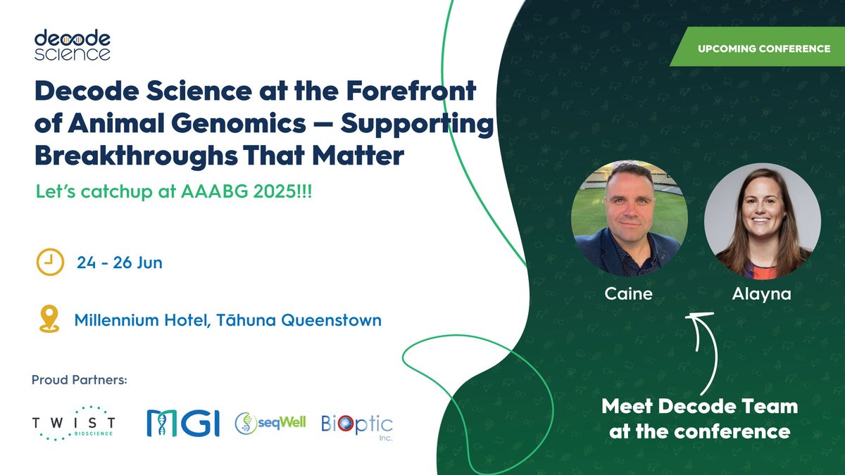 Decode_Science's tweet image. 🐄 The future of animal genetics and breeding will be discussed at AAABG 2025 and we are going to be a part of it!
Let's catch up soon or book a time to connect in advance.
Our Partners -
@TwistBioscience
@MGI_Technology
@seqWell
BiOptic
#Genomics #EnablingDiscovery