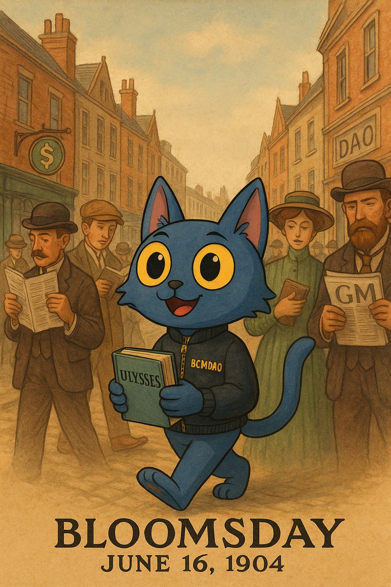 On June 16, 1904, Leopold Bloom walked through Dublin.
On June 16, 2024, Roy strolls through history, Ulysses in paw, Web3 on the brain.

One paw in the past, one leap into.