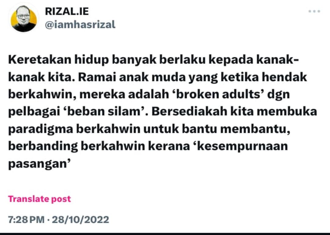 Baca drama rumahtangga kat X ni, teringat Ustaz Hasrizal pernah tulis:

Saya sebenarnya sdg draft tentang "how does a broken adult can raise strong kids? Adakah takda harapan? Apa langkahnya?"

Mohon doakan pass untuk pitch jadikan buku

Coz we need to address this issue 🥹