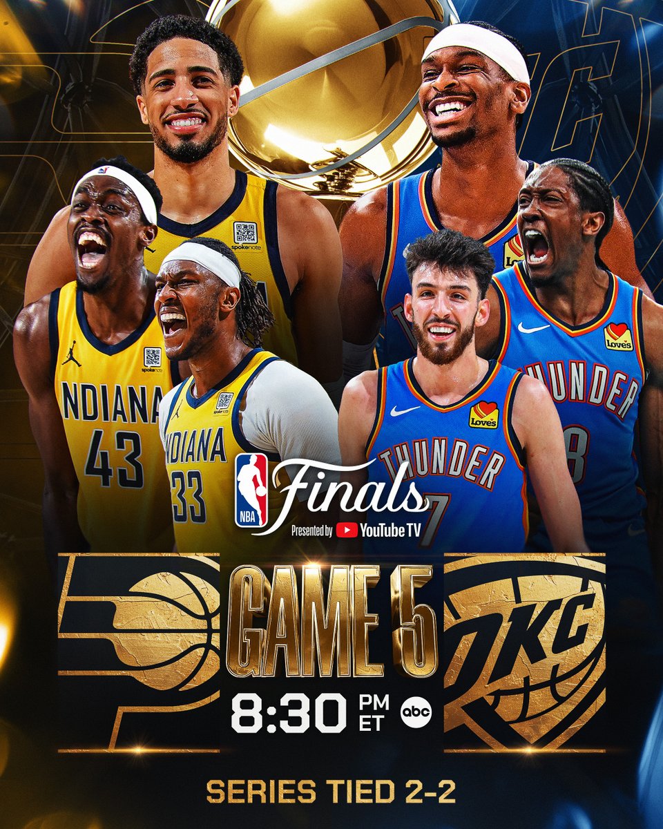 NBA (@nba) on Twitter photo SGA (35 PTS) dropped 15 in the final 5 minutes of Game 4 to tie the series 2-2.
Back in OKC, both the Thunder and Pacers seek a 3-2 lead.
Game 5 of the #NBAFinals presented by <a href="/YouTubeTV/">YouTube TV</a> tips tonight at 8:30pm/et on ABC! SGA (35 PTS) dropped 15 in the final 5 minutes of Game 4 to tie the series 2-2.
Back in OKC, both the Thunder and Pacers seek a 3-2 lead.
Game 5 of the #NBAFinals presented by <a href="/YouTubeTV/">YouTube TV</a> tips tonight at 8:30pm/et on ABC!