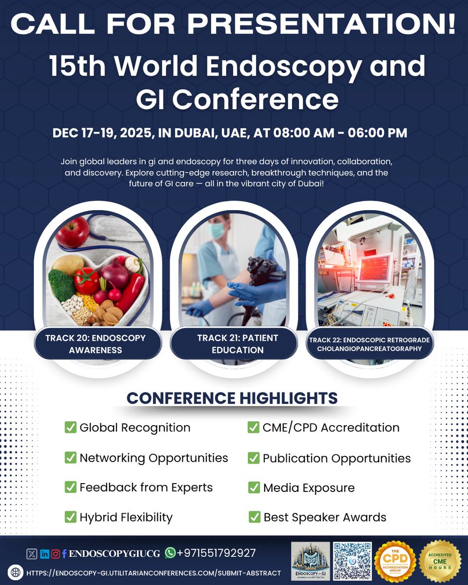 EndoscopyC26521's tweet image. 🎤 Call for Presentations!!
World Endoscopy and GI Conference 2025!
📅 Dec 17-19, 2025, in📍Dubai, UAE
📢 Submit Now: …doscopy-gi.utilitarianconferences.com/submit-abstract
📱 WhatsApp: wa.me/+971551792927

#WGC2025 #CallForPresentations #EndoscopicResection #GIHealth #GIInnovation  #EndoscopyExperts