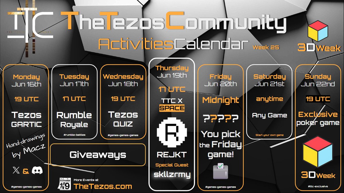 Welcome to 3D Week!
We're dedicating this week to all 3D artists in #Tezos who keep pushing creative boundaries with every dimension. 

To help us dive into the world of 3D art, the 3D artist <a href="/proto_designer/">Macz</a> is sponsoring TTC's activities with amazing artworks he created and also