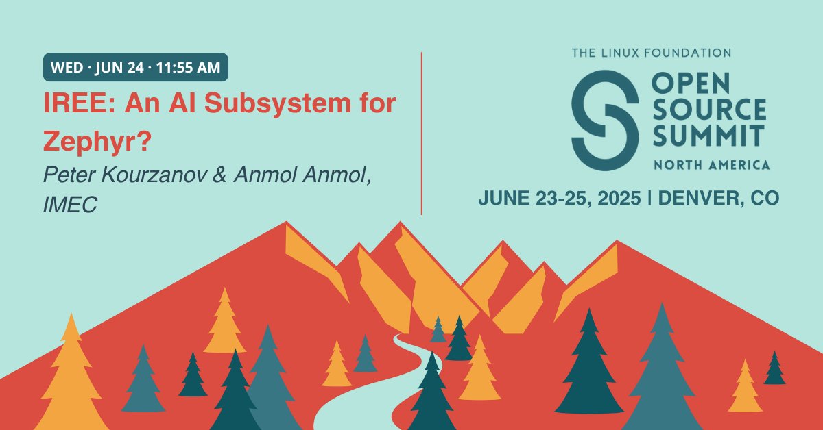 At #OSSummit NA, join Peter Kourzanov &amp; Anmol Anmol from <a href="/imec_int/">imec</a> on June 24 for “IREE: An AI Subsystem for Zephyr?” Learn about porting IREE to Zephyr POSIX, energy-saving AI accelerators (gem5 &amp; FPGA), and building a sustainable edge-AI network. hubs.la/Q03rtnkV0