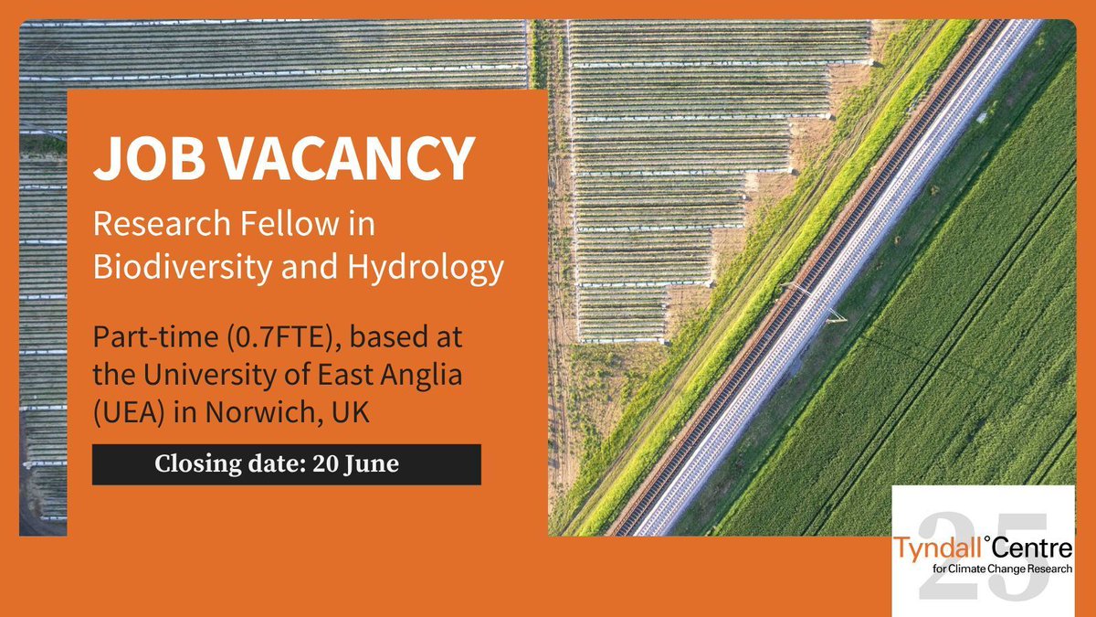 #ClimateJobs: We are #hiring a Research Fellow in Biodiversity &amp; Hydrology 

Lead on models and datasets to produce/assess future climate-resilient land use intervention scenarios that meet UK net zero, biodiversity and food security targets. 

➡️ tyndall.ac.uk/jobs-and-oppor…