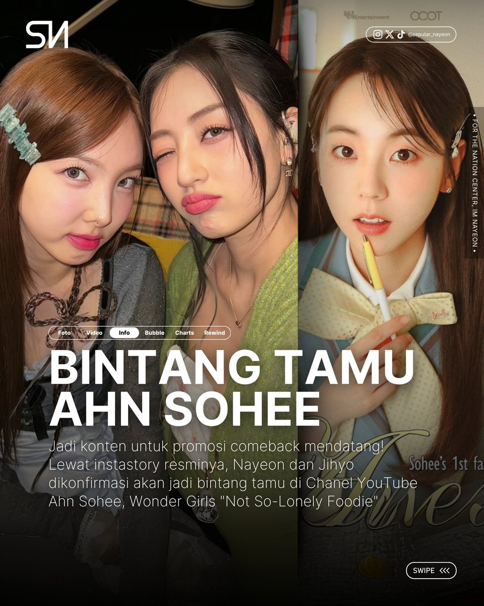 seputar_nayeon's tweet photo. #SNI_INFO | Jadi konten untuk promosi comeback mendatang! Lewat instastory resminya, Nayeon dan Jihyo dikonfirmasi akan jadi bintang tamu di Chanel YouTube Ahn Sohee, Wonder Girls “Not So-Lonely Foodie”
#TWICE #NAYEON #트와이스 #나연 #
#ナヨン #林娜璉 @JYPETWICE @JYPETWICE_JAPAN https://t.co/udheP7esHf