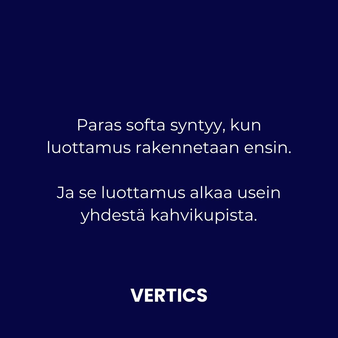 Vertics1's tweet photo. ☕️ Maailman fiksuimmat asiakkaat – ja silti aloitetaan kahvilla.

Me uskomme, että paras tekninen lopputulos syntyy, kun ihminen kohdataan ensin ihmisenä.
Me kuuntelemme, kysymme ja tarvittaessa sanomme myös "ei".

Tässä pari syytä sille, miksi emme aloita PowerPointilla. https://t.co/O2m2vPsPkU