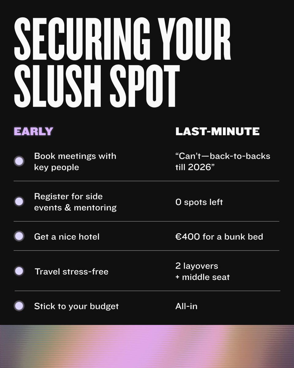 SlushHQ's tweet image. Ask anyone who nailed their Slush week—you get as much out of it as you put in. Start laying the groundwork early, and the future you will thank you.
Discounted Slush tickets 👉 slush.org