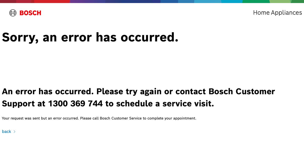 ozsmac's tweet photo. @BoschAustralia just had a frustrating experience with Home Appliances services  online and call centre.  After I tried to use the online booking system, each time getting an error saying to try again, I called  1300 number, asking me to repeat everything (all details in account) https://t.co/tMrF0jsApz