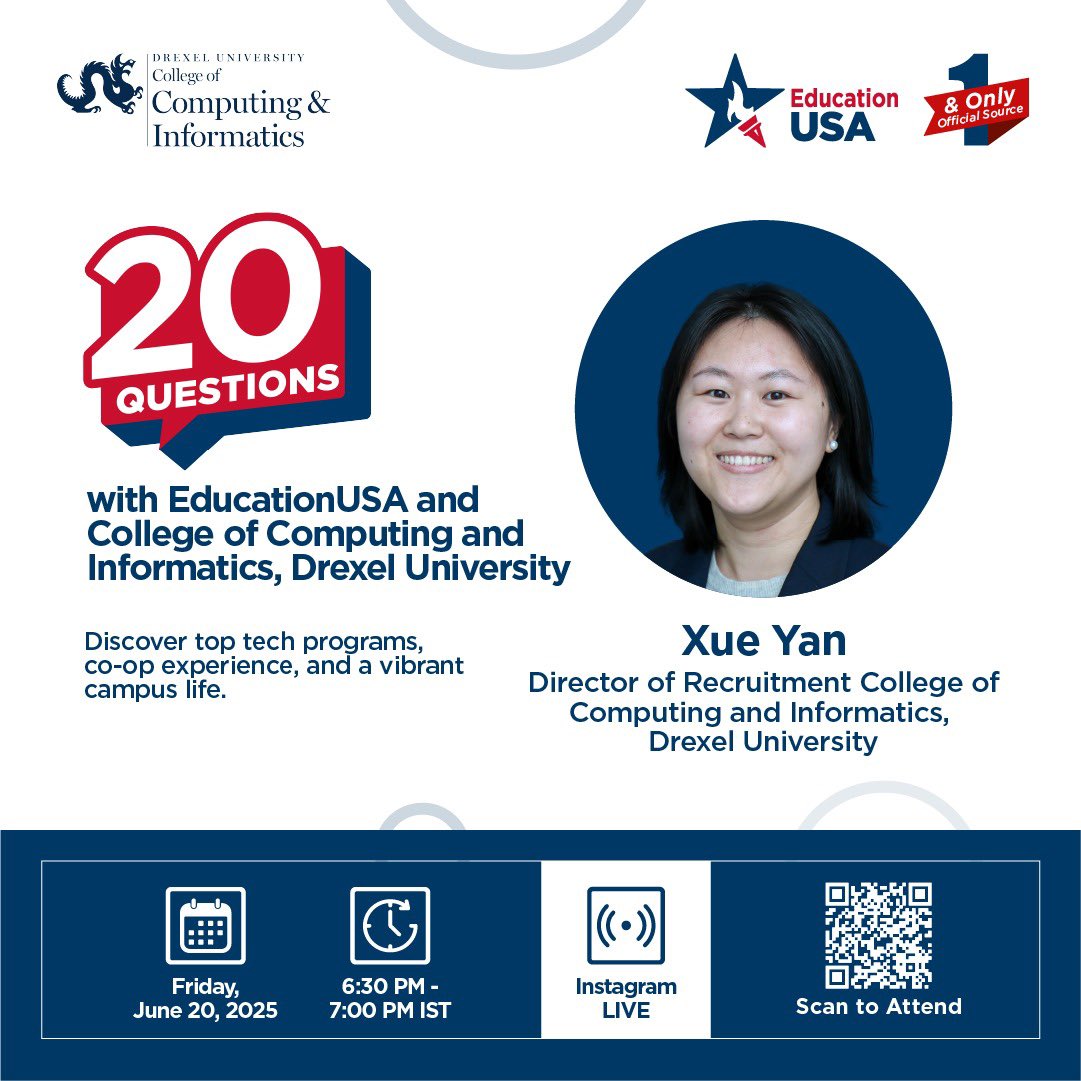 Join us this Friday, June 20, at 6:30 PM IST for an exclusive 20 Questions Instagram Live with Xue Yan, Director of Recruitment at Drexel University’s College of Computing and Informatics. Learn what makes the College of Computing and Informatics an outstanding experience for