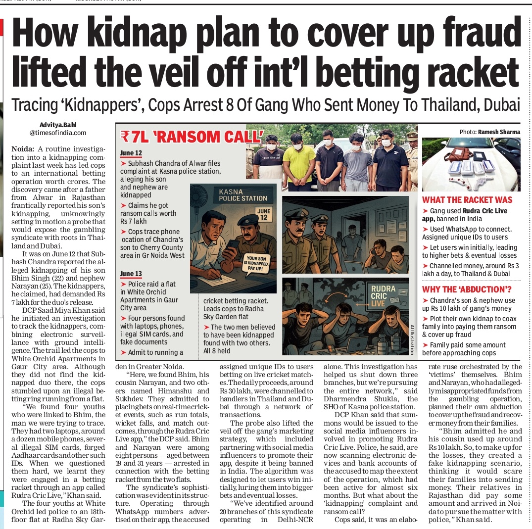 Advitya (@advityabahltoi) on Twitter photo Read how a kidnapping complaint by a father landed his son and seven others into police custody for running an international gambling syndicate. The gang used social media influencers to promote their app 'Rudra Cric Live'
<a href="/DCPGreaterNoida/">DCP Greater Noida</a>
<a href="/CP_Noida/">CP Noida</a>
timesofindia.indiatimes.com/city/noida/how… Read how a kidnapping complaint by a father landed his son and seven others into police custody for running an international gambling syndicate. The gang used social media influencers to promote their app 'Rudra Cric Live'
<a href="/DCPGreaterNoida/">DCP Greater Noida</a>
<a href="/CP_Noida/">CP Noida</a>
timesofindia.indiatimes.com/city/noida/how…