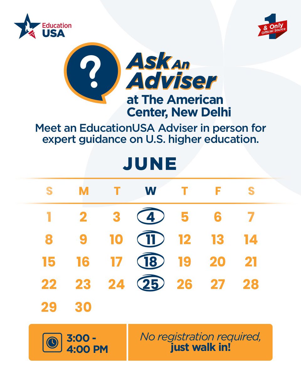 Planning to study in the U.S. but don’t know where to start? 

Meet an EducationUSA Adviser every Wednesday at the American Center, New Delhi and get expert guidance on applying to U.S. universities! 

When? Wednesdays 
Time? 3:00 PM – 4:00 PM IST 
 Where? American Center New