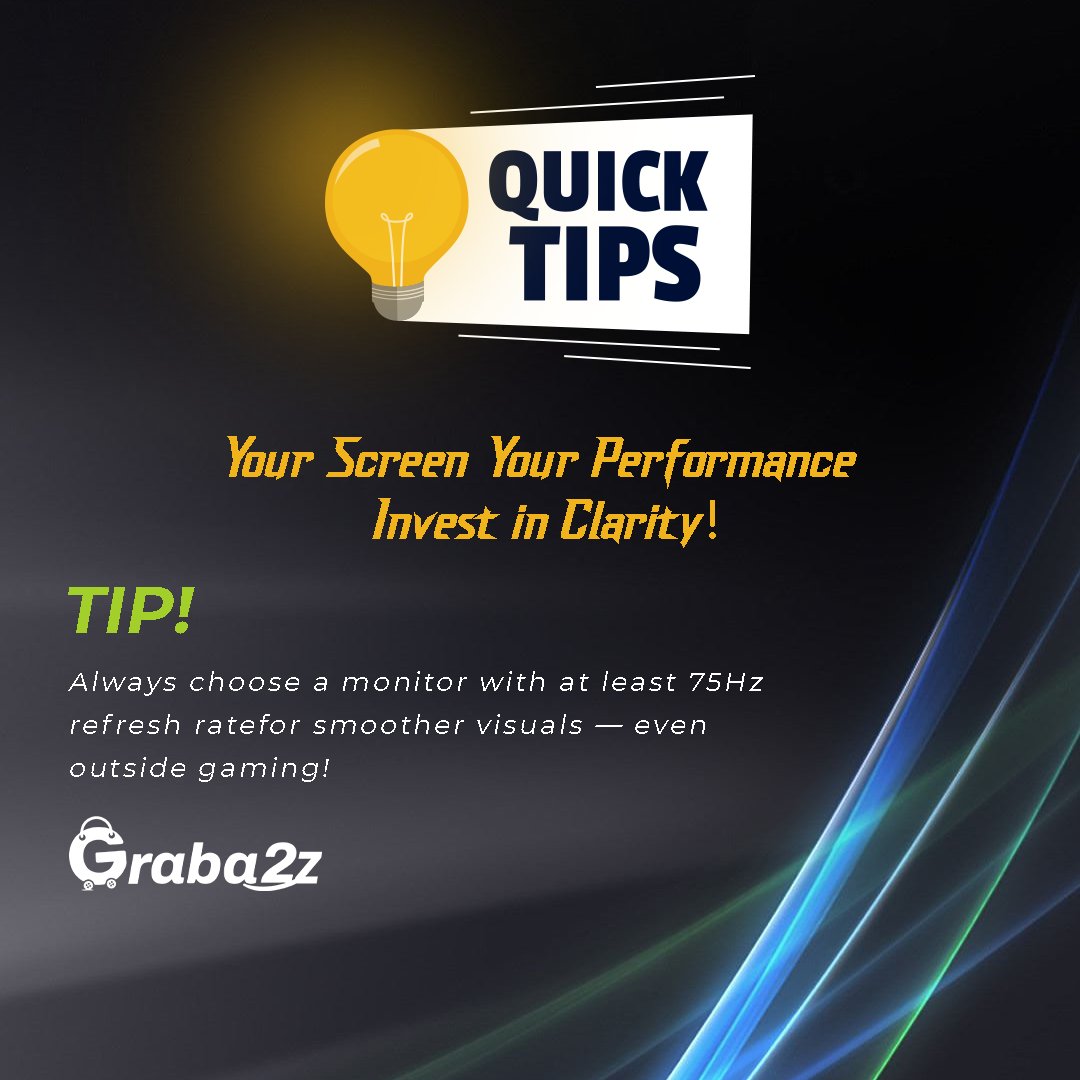 GrabAtoz's tweet image. Unleash peak performance! 🚀

Don&apos;t settle for less – a monitor with at least a 75Hz refresh rate guarantees silky-smooth visuals for everything you do, not just gaming.

Invest in clarity, invest in yourself!

#MonitorUpgrade #SmoothVisuals #TechTips #PerformanceMatters